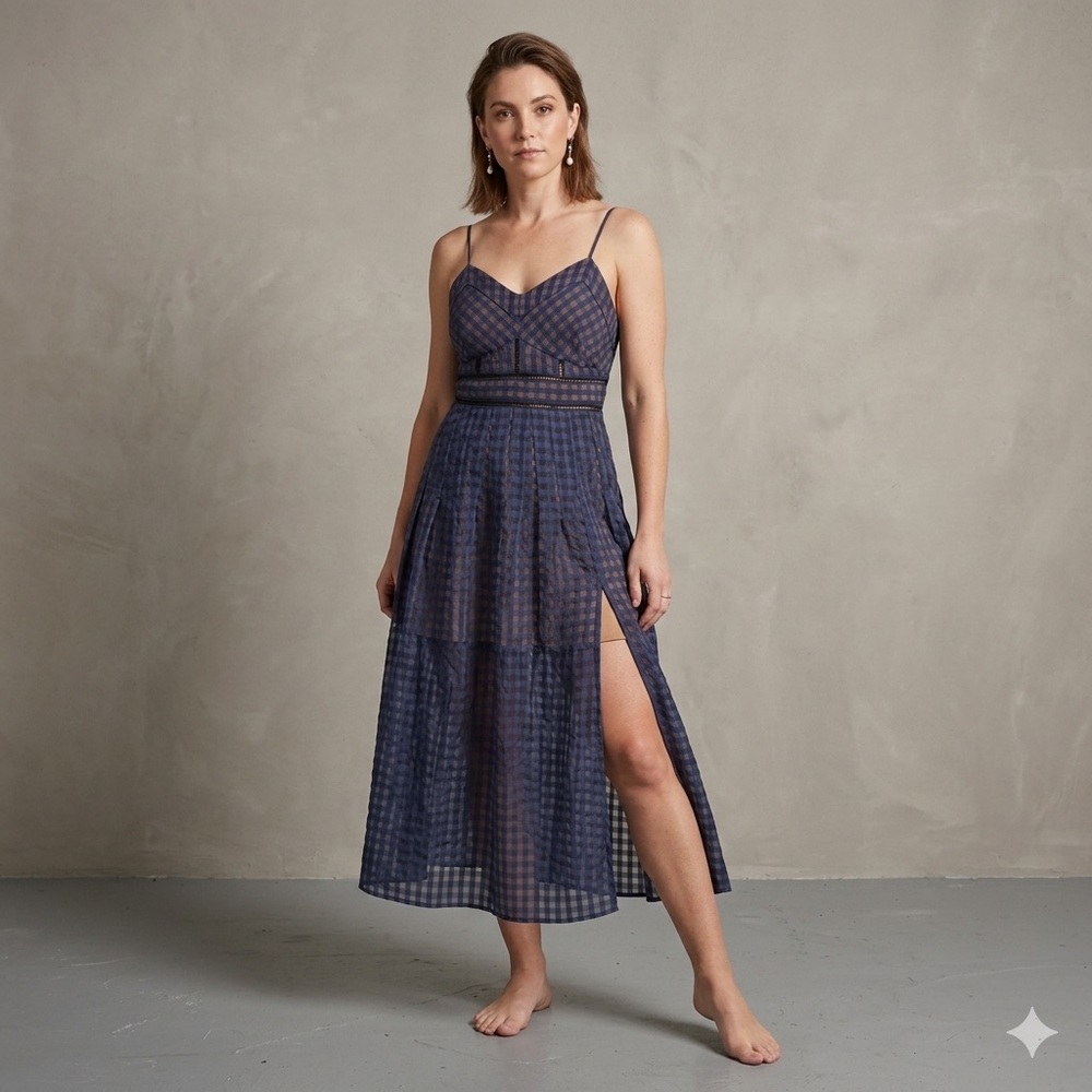 Roselani Navy Blue Tan Gingham Plaid Ladder Lace Cutout Midi Dress Size S‎ Boho